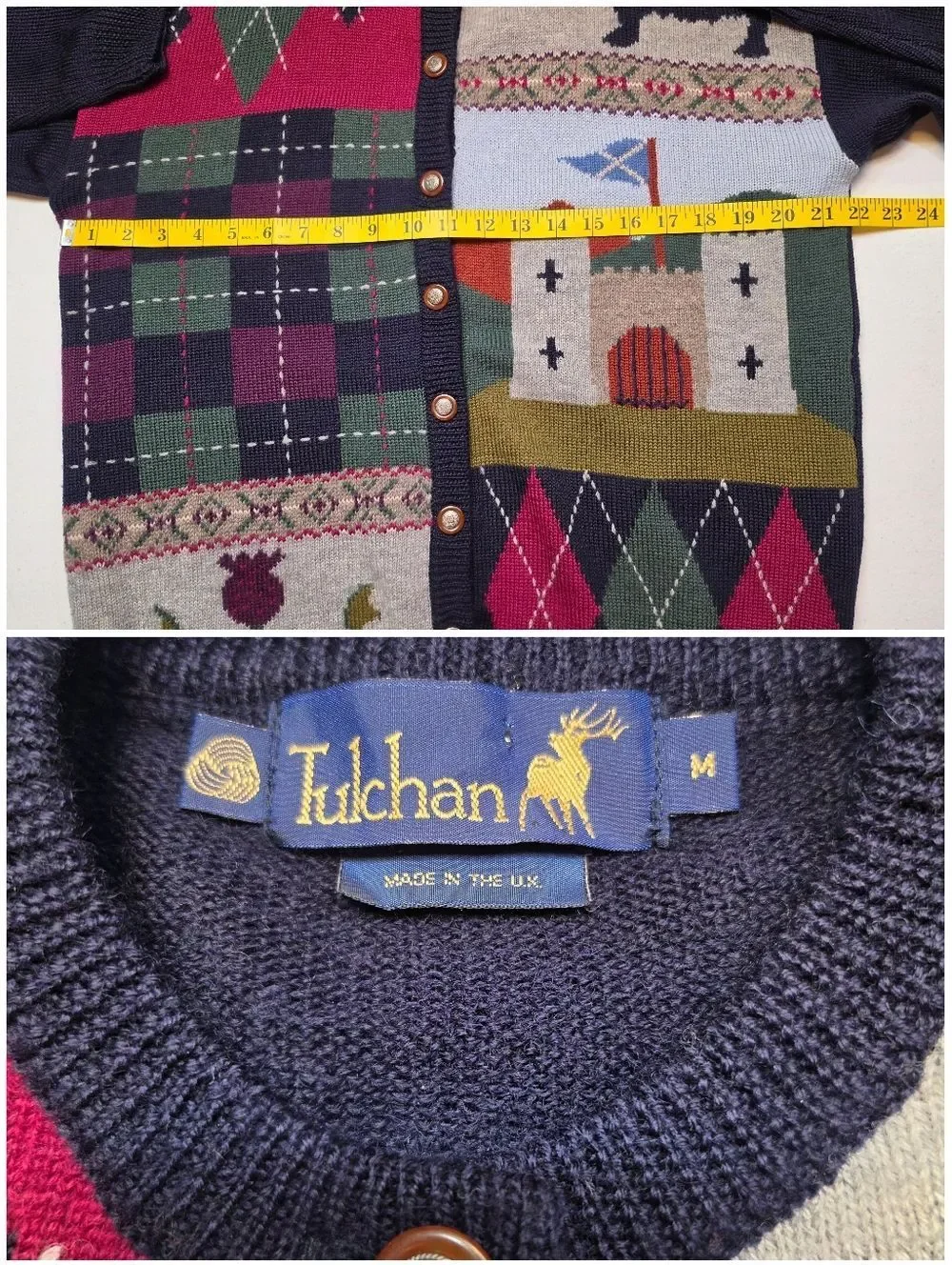 Tulchan Wool Navy Sweater Cardigan Argyle Plaid Scottie Dog Castle Dark Academia